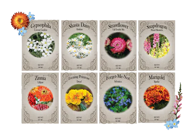 Flower Memorial Seed Pack - 8 Varieties of Non-GMO and Heirloom Premium Seeds for Planting - Forget me Nots, Gypsophila, Shasta Dasiy, Zinnia, and More