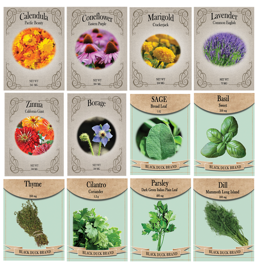 Medicinal Herb and Flower Set - 12 Varieties of Non-GMO and Heirloom Flowers and Herbs - Basil, Cilantro, Calendula, Lavender, Sage, and More
