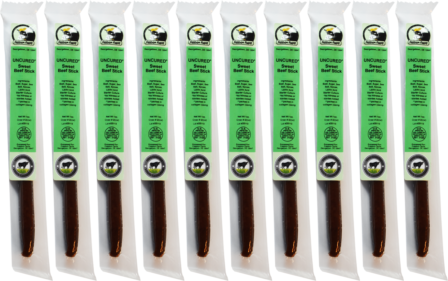 10 Pack Sweet Beef Sticks - Uncured - 100% Grass Fed & Grass Finished! No Nitrates or Nitrites Added!