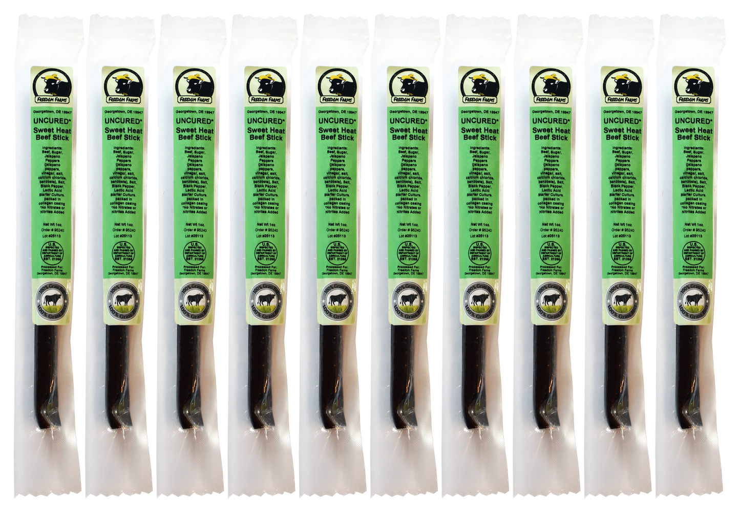 10 Pack Sweet Heat Beef Sticks - Uncured - 100% Grass Fed & Grass Finished! No Nitrates or Nitrites Added!