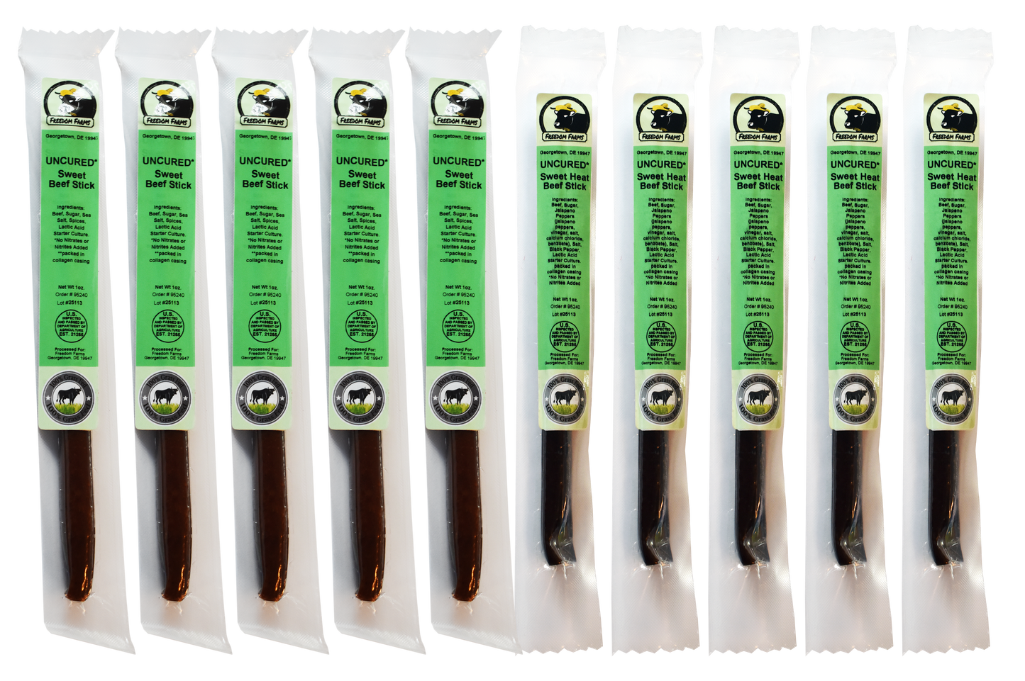 10 Pack Sweet Heat & Sweet Beef Sticks - Uncured - 100% Grass Fed & Grass Finished! No Nitrates or Nitrites Added!