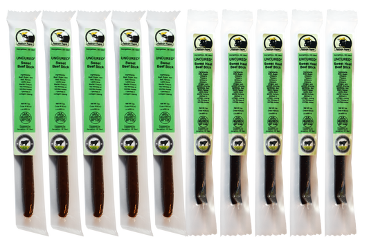10 Pack Sweet Heat & Sweet Beef Sticks - Uncured - 100% Grass Fed & Grass Finished! No Nitrates or Nitrites Added!