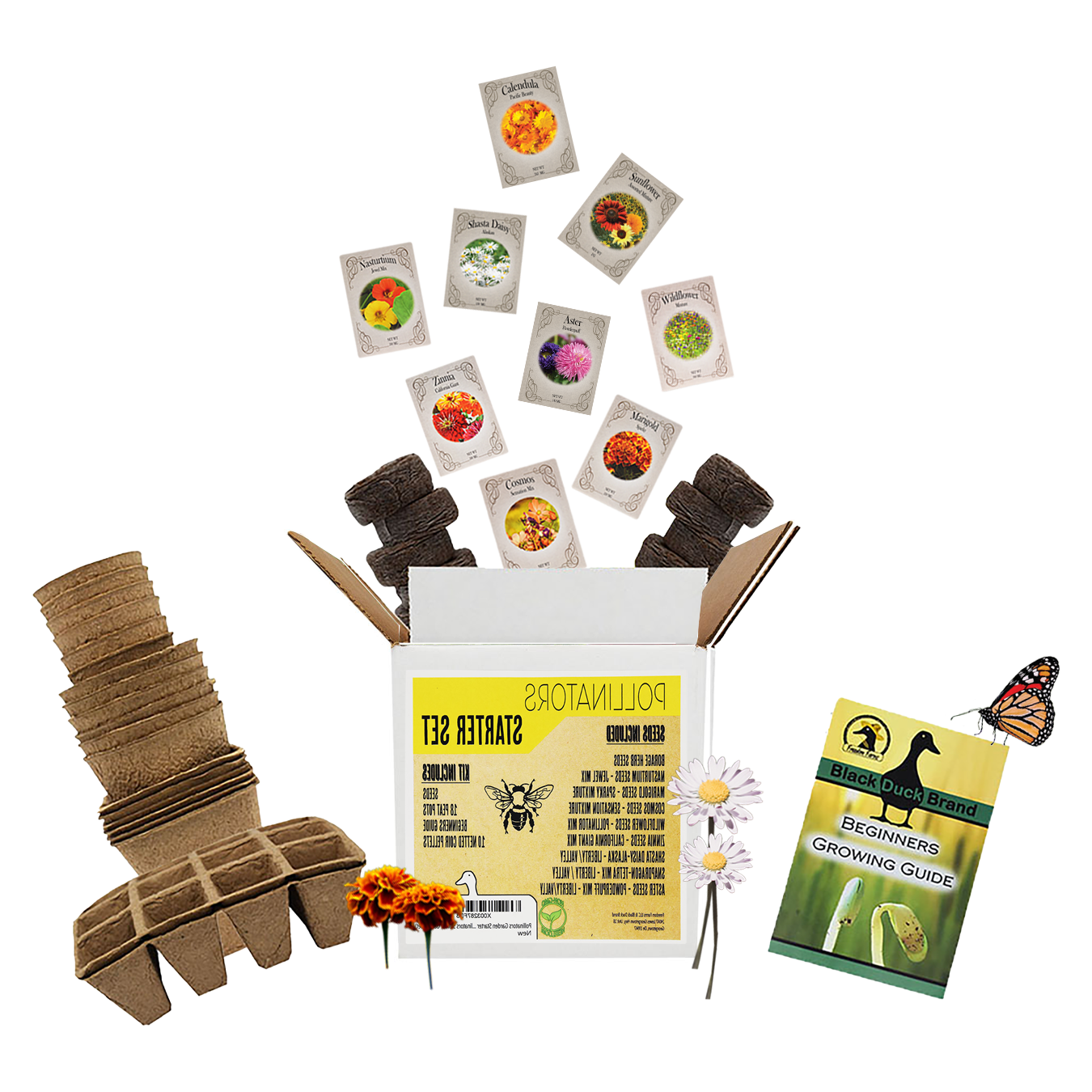 Deluxe Pollinators Garden Starter Kit - Includes: Seeds, Peat Pots, Netted Coir Pellets, and a Beginners Guide - Great for Beginners - Heirloom, NON-GMO