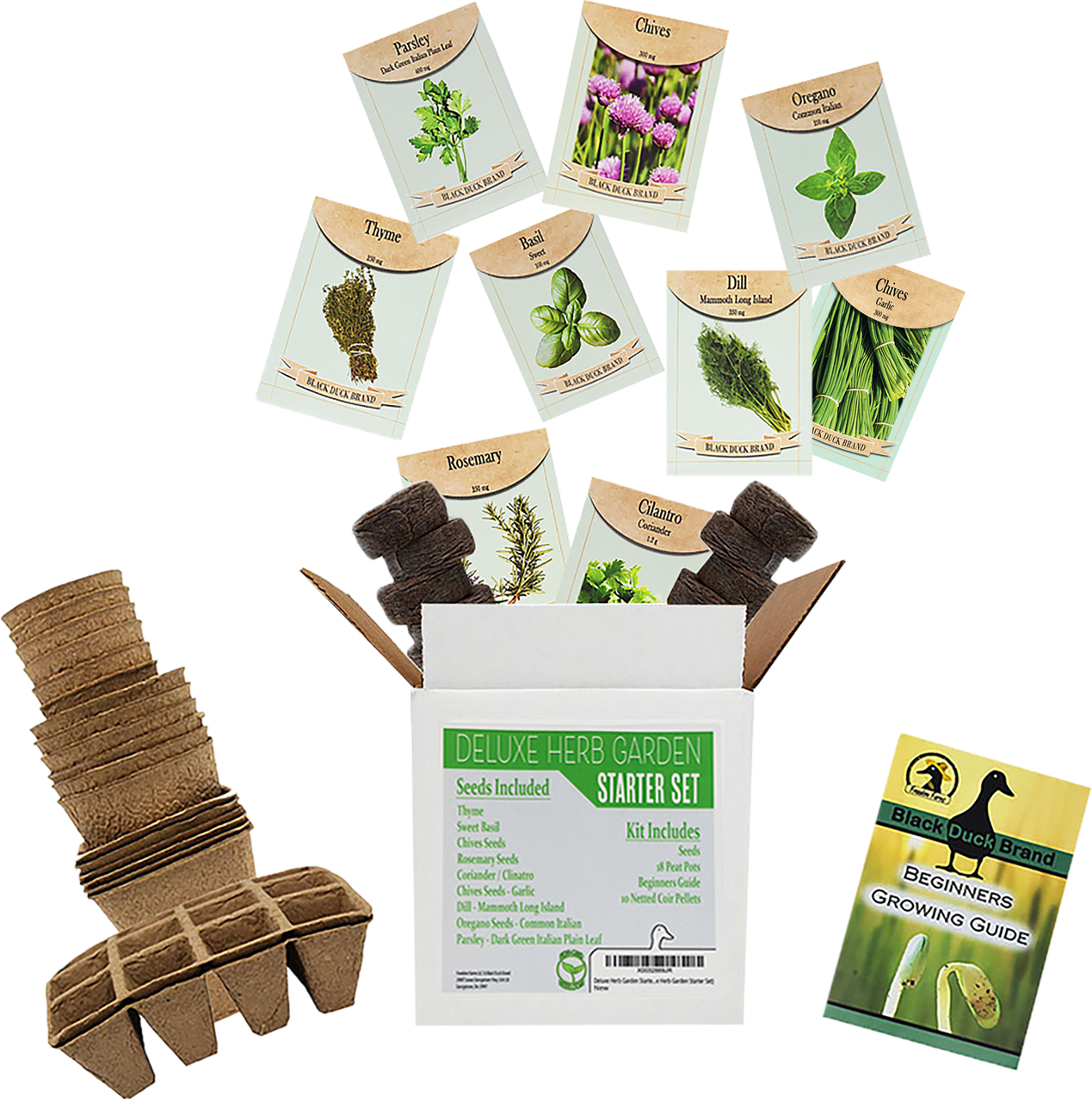 Deluxe Herb Garden Starter Kit - Includes: Seeds, Peat Pots, Netted Coir Pellets, and a Beginners Guide - Great for Beginners - Heirloom, Non-GMO