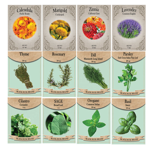 Medicinal Herb and Flower Set - 12 Varieties of Non-GMO and Heirloom Flowers and Herbs - Basil, Cilantro, Calendula, Lavender, Sage, and More