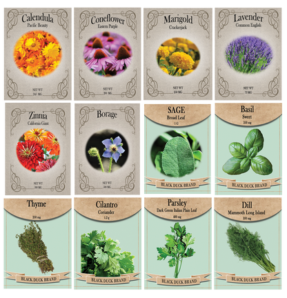 Medicinal Herb and Flower Set - 12 Varieties of Non-GMO and Heirloom Flowers and Herbs - Basil, Cilantro, Calendula, Lavender, Sage, and More