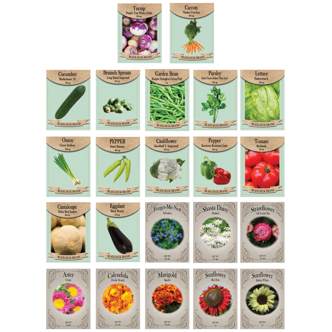 Flower & Vegetable Seed Set - 22 Varieties of Non-GMO Heirloom Premium Seeds for Planting - Brussel Sprouts, Cantaloupe, Peppers, Marigolds, and More