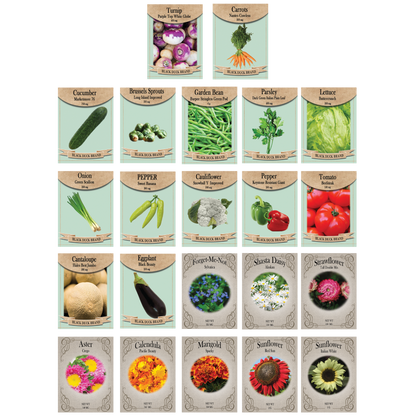 Flower & Vegetable Seed Set - 22 Varieties of Non-GMO Heirloom Premium Seeds for Planting - Brussel Sprouts, Cantaloupe, Peppers, Marigolds, and More