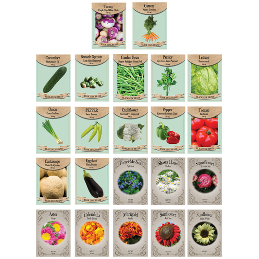 Flower & Vegetable Seed Set - 22 Varieties of Non-GMO Heirloom Premium Seeds for Planting - Brussel Sprouts, Cantaloupe, Peppers, Marigolds, and More