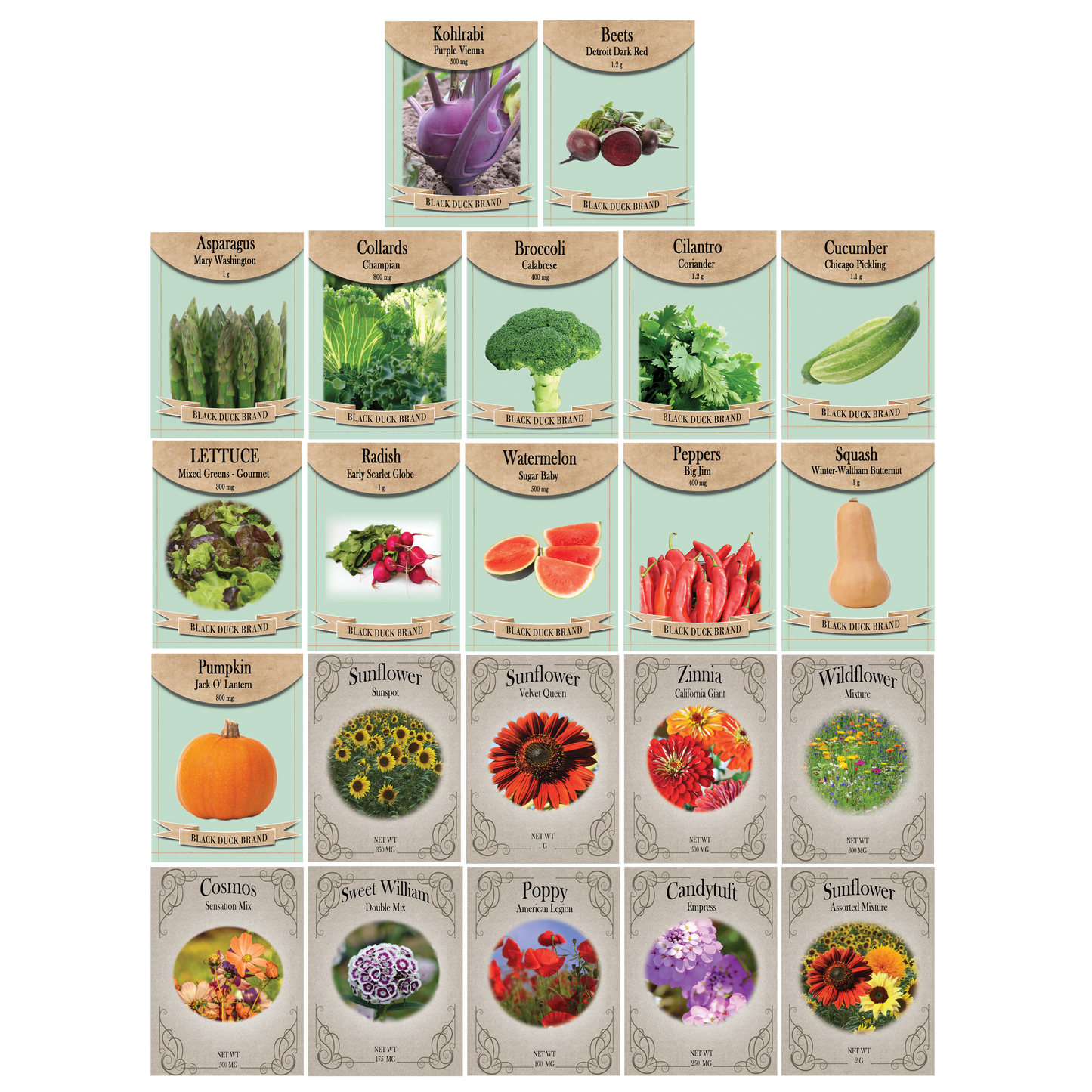 Flower & Vegetable Seed Set - 22 Varieties of Non-GMO Heirloom Premium Seeds for Planting - Asparagus, Beet, Broccoli, Wildflower, and More