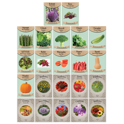 Flower & Vegetable Seed Set - 22 Varieties of Non-GMO Heirloom Premium Seeds for Planting - Asparagus, Beet, Broccoli, Wildflower, and More