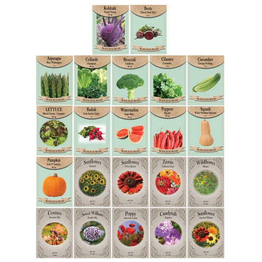 Flower & Vegetable Seed Set - 22 Varieties of Non-GMO Heirloom Premium Seeds for Planting - Asparagus, Beet, Broccoli, Wildflower, and More