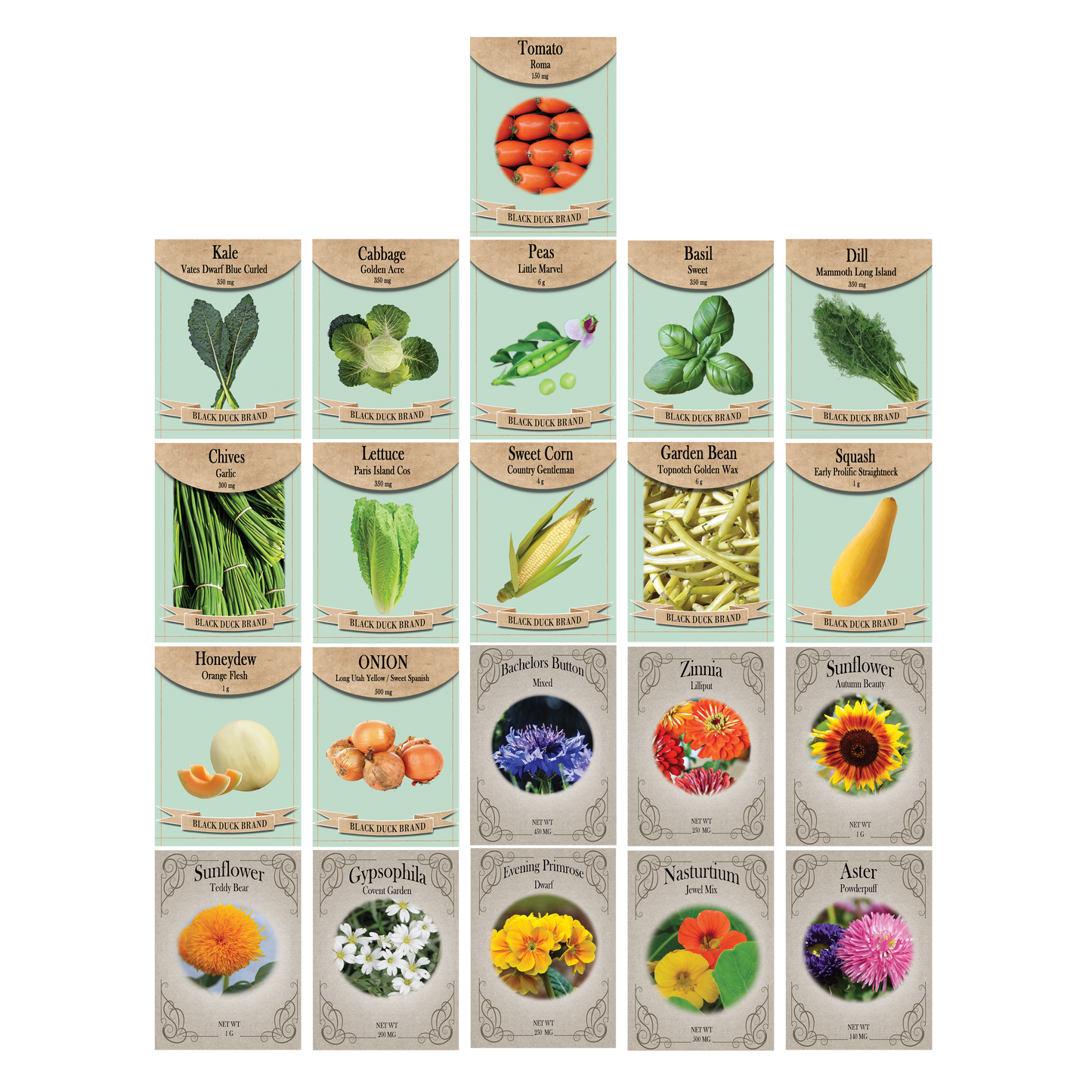 Vegetable, Flower & Herb Seed Set - 21 Varieties of Non-GMO Heirloom Premium Seeds for Planting - Cabbage, Roma Tomato, Peas, Sunflowers, and More