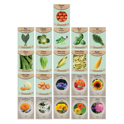 Vegetable, Flower & Herb Seed Set - 21 Varieties of Non-GMO Heirloom Premium Seeds for Planting - Cabbage, Roma Tomato, Peas, Sunflowers, and More