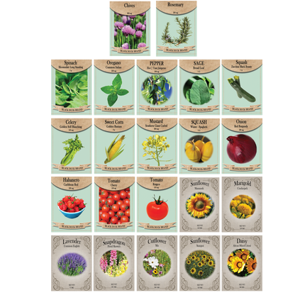 Flower & Vegetable Seed Set - 22 Varieties of Non-GMO Heirloom Premium Seeds for Planting - Tomatoes, Peppers, Squash, and More