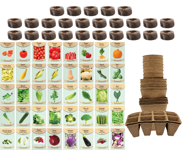 Set of 40 Assorted Vegetable Packets with 25 Coco Coir Pellets and 20 Peat Pots | Non-GMO | Heirloom