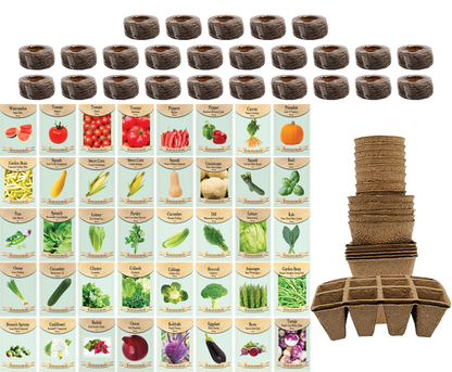 Set of 40 Assorted Vegetable Packets with 25 Coco Coir Pellets and 20 Peat Pots | Non-GMO | Heirloom