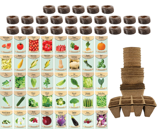 Set of 40 Assorted Vegetable Packets with 25 Coco Coir Pellets and 20 Peat Pots | Non-GMO | Heirloom