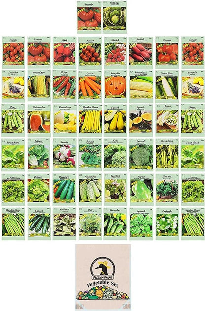 Set of 50 Packs of Assorted Heirloom Vegetable and Herb Seeds – Includes Freedom Farms Vegetable Set Bag - All 100% Non-GMO, Heirloom Seeds – Create a Diverse and Plentiful Garden!