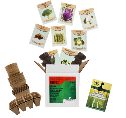 Deluxe Superfood Garden Starter Kit - Includes: Seeds, Peat Pots, Netted Coir Pellets, and a Beginners Guide - Great for Beginners - Heirloom, NON-GMO