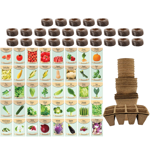 Set of 40 Assorted Vegetable Packets with 25 Coco Coir Pellets and 20 Peat Pots | Non-GMO | Heirloom