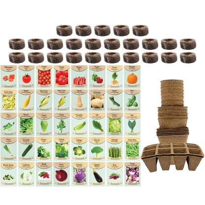 Set of 40 Assorted Vegetable Packets with 25 Coco Coir Pellets and 20 Peat Pots | Non-GMO | Heirloom