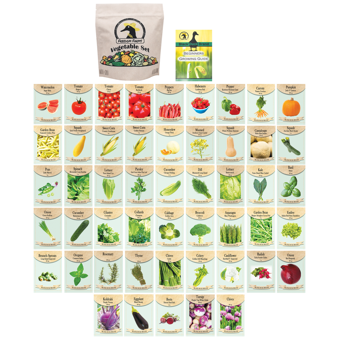 Set of 50 Assorted Vegetable Packets with Beginners Growing Guide & Mylar Storage Bag | Non-GMO | Heirloom