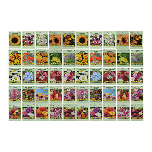 Set of 50 Flower Seed Packets - Flower Seeds in Bulk - 15 or More Varieties Available - Great for Creating Colorful Gardens