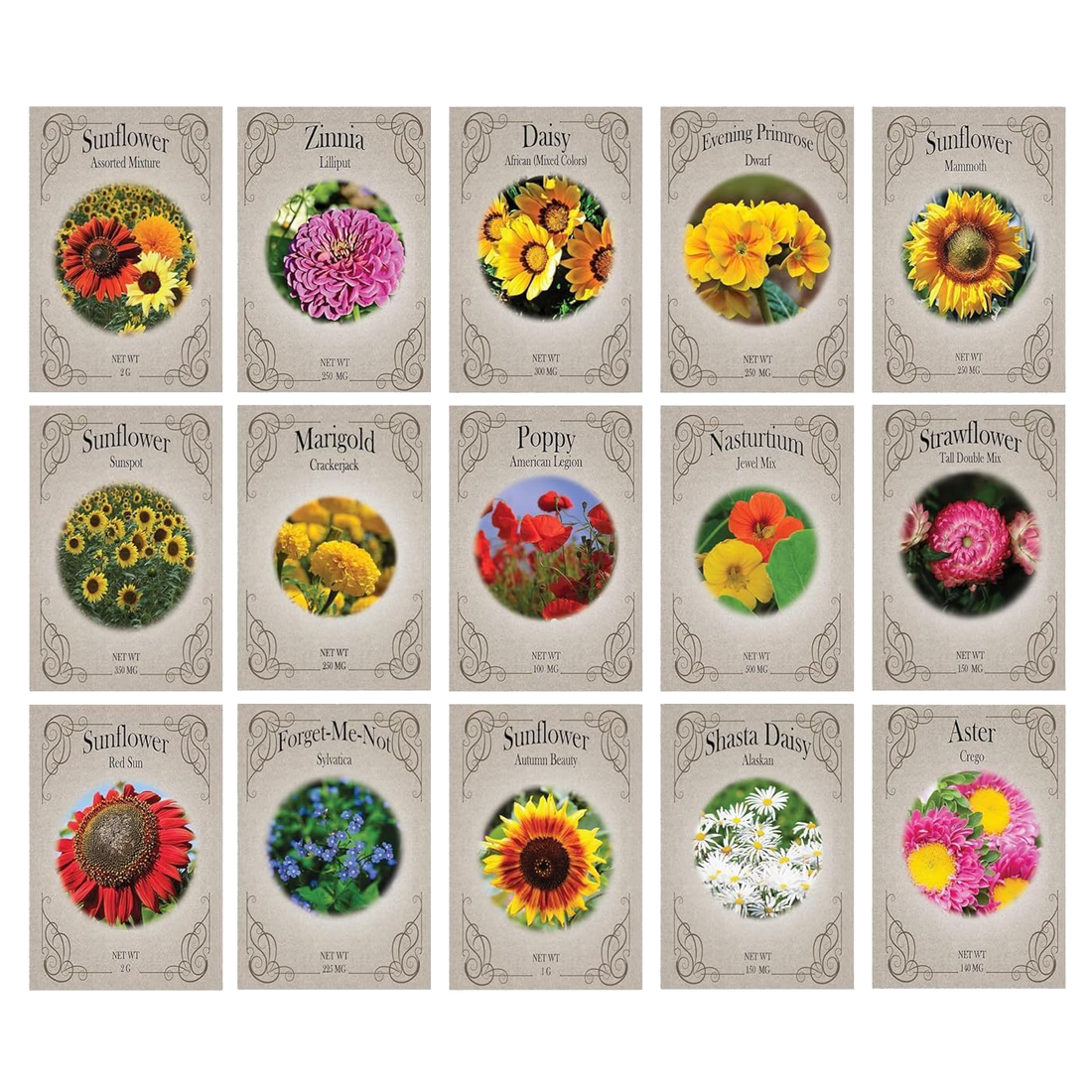 Set of 15 Premium Variety Flower Seed Packets - Heirloom Non-GMO and P ...
