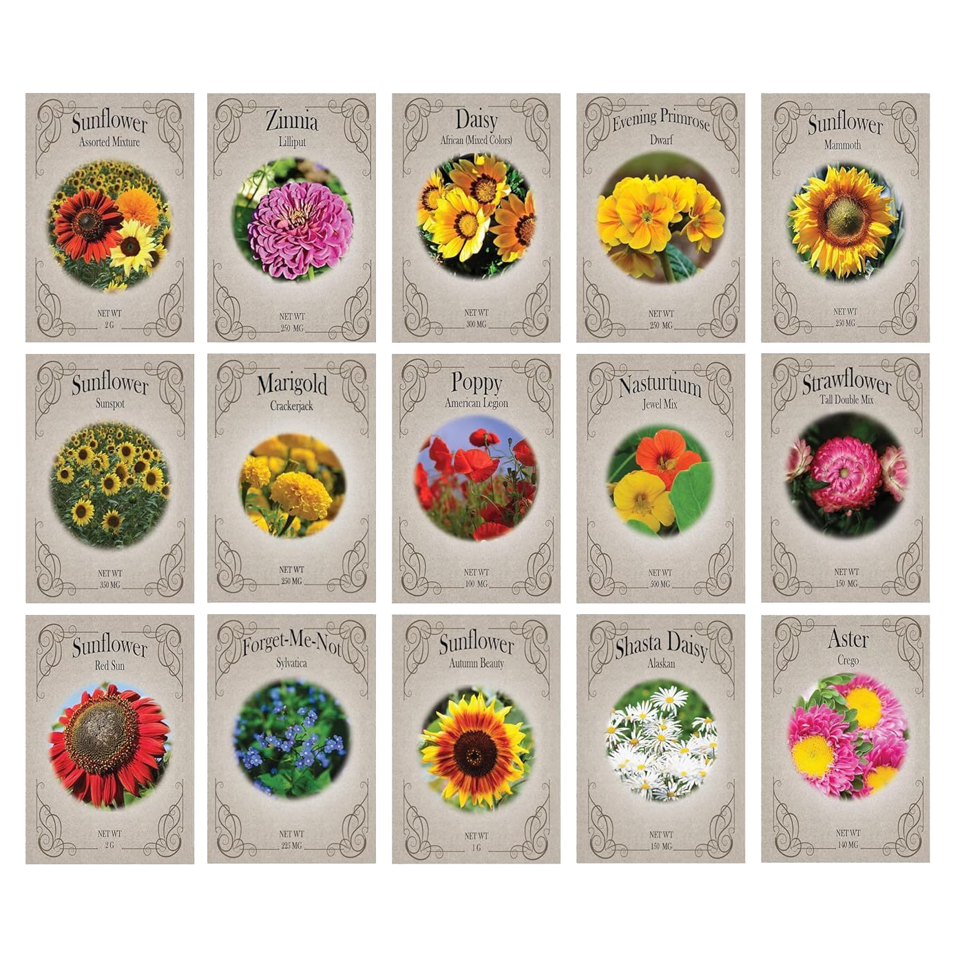 Set of 15 Premium Variety Flower Seed Packets - Heirloom Non-GMO and Proudly Sourced in The USA