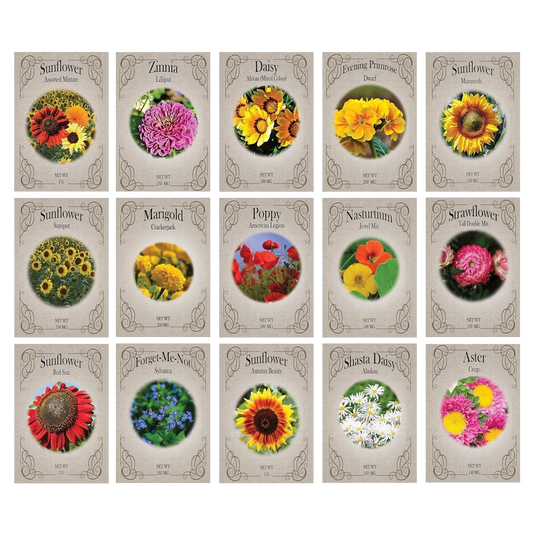 Set of 15 Premium Variety Flower Seed Packets - Heirloom Non-GMO and Proudly Sourced in The USA