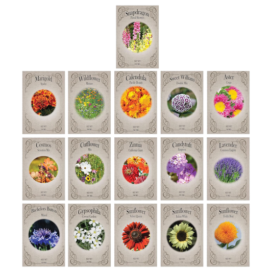 Set of 16 Heirloom Flower Seeds - Non-GMO - 16 Varieties - Assorted Flower Seeds - Individually Sealed Packs