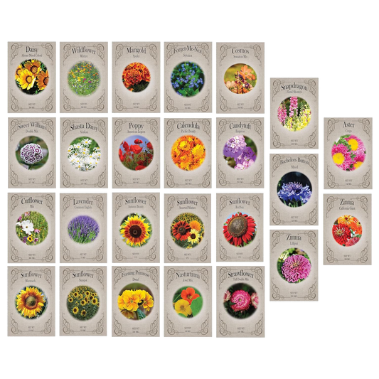 Set of 25 Heirloom Flower Seeds - Non-GMO -  Assorted Flower Seeds - Individually Sealed Packs