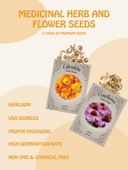 Medicinal Herb and Flower Set - 12 Varieties of Non-GMO and Heirloom Flowers and Herbs - Basil, Cilantro, Calendula, Lavender, Sage, and More