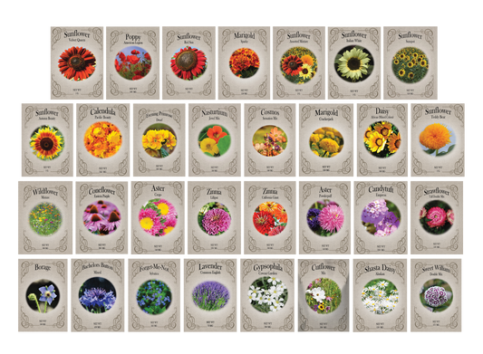 Set of 31 Premium Variety Flower Seed Packets - Heirloom Non-GMO and Proudly Sourced in The USA