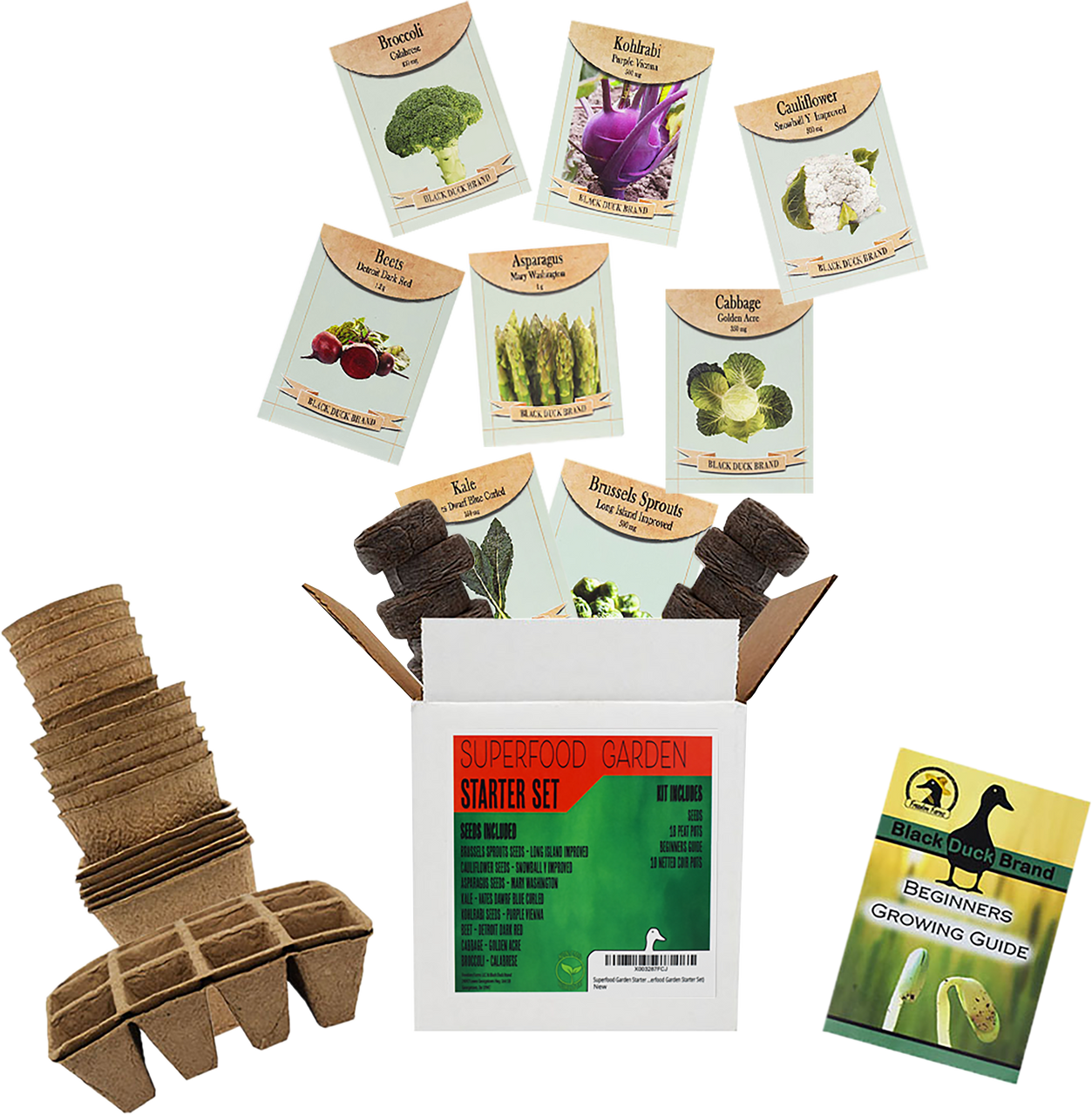 Deluxe Superfood Garden Starter Kit - Includes: Seeds, Peat Pots, Netted Coir Pellets, and a Beginners Guide - Great for Beginners - Heirloom, NON-GMO